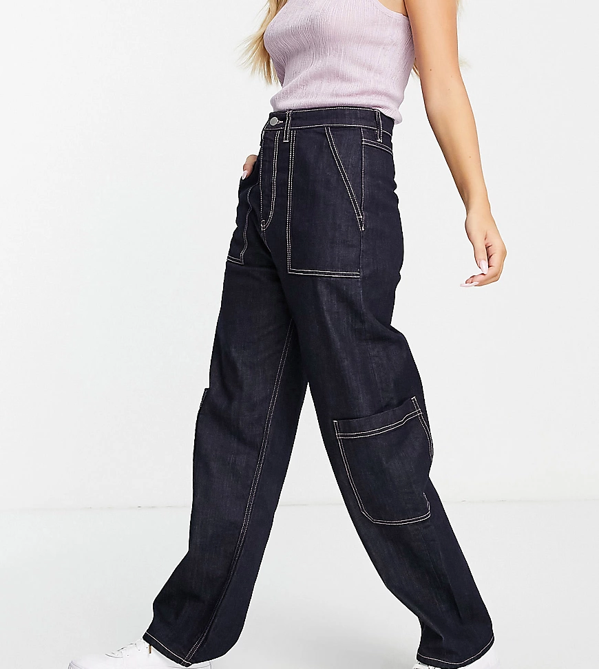 People Tree – Cargo-Jeans aus Bio-Baumwolle mit rosa Kontrastnaht-Marinebla günstig online kaufen