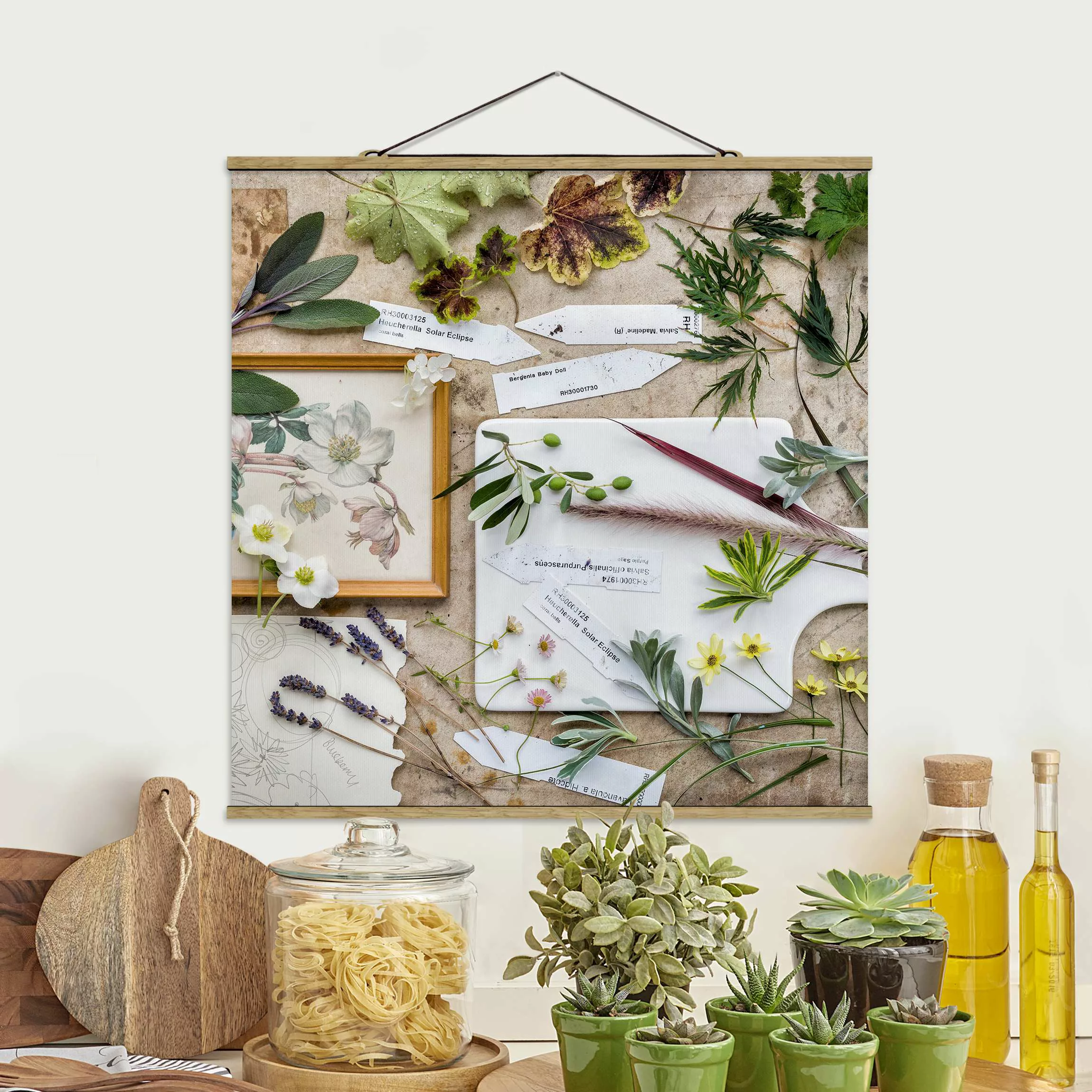 Stoffbild Küche mit Posterleisten - Quadrat Blumen und Gartenkräuter Vintag günstig online kaufen