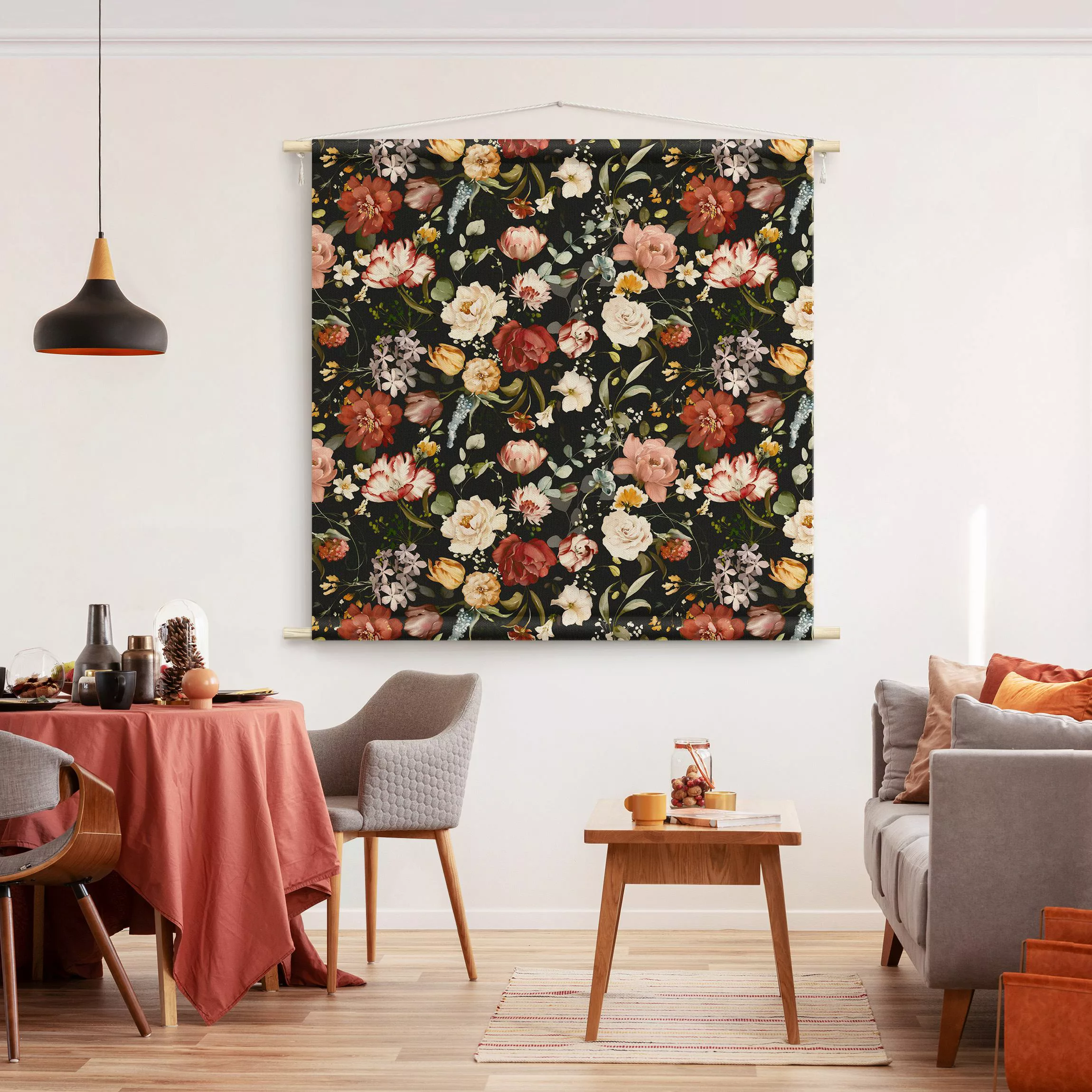 Wandteppich Blumen Aquarell Vintage Muster auf Schwarz günstig online kaufen