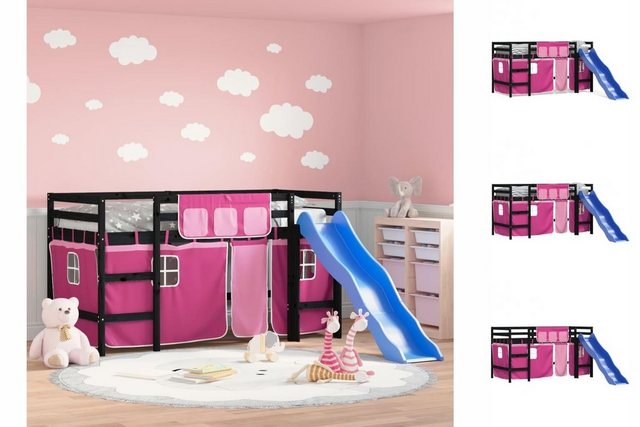 vidaXL Kinderbett Kinderhochbett mit Vorhängen Rosa 90x200 cm Massivholz Ki günstig online kaufen