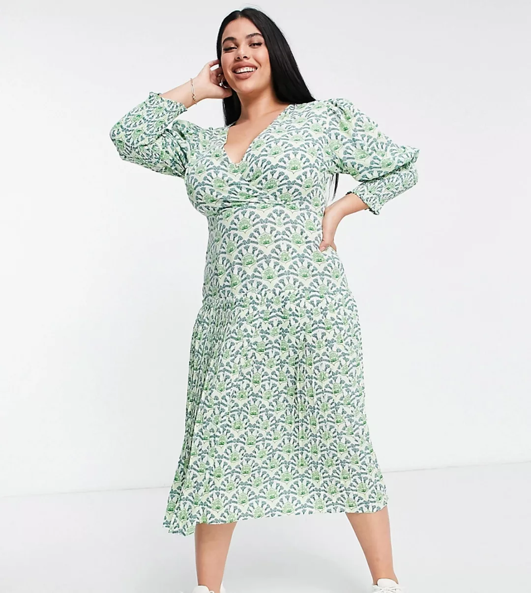 Never Fully Dressed Plus – Plissiertes Midaxikleid in Grün mit geometrische günstig online kaufen