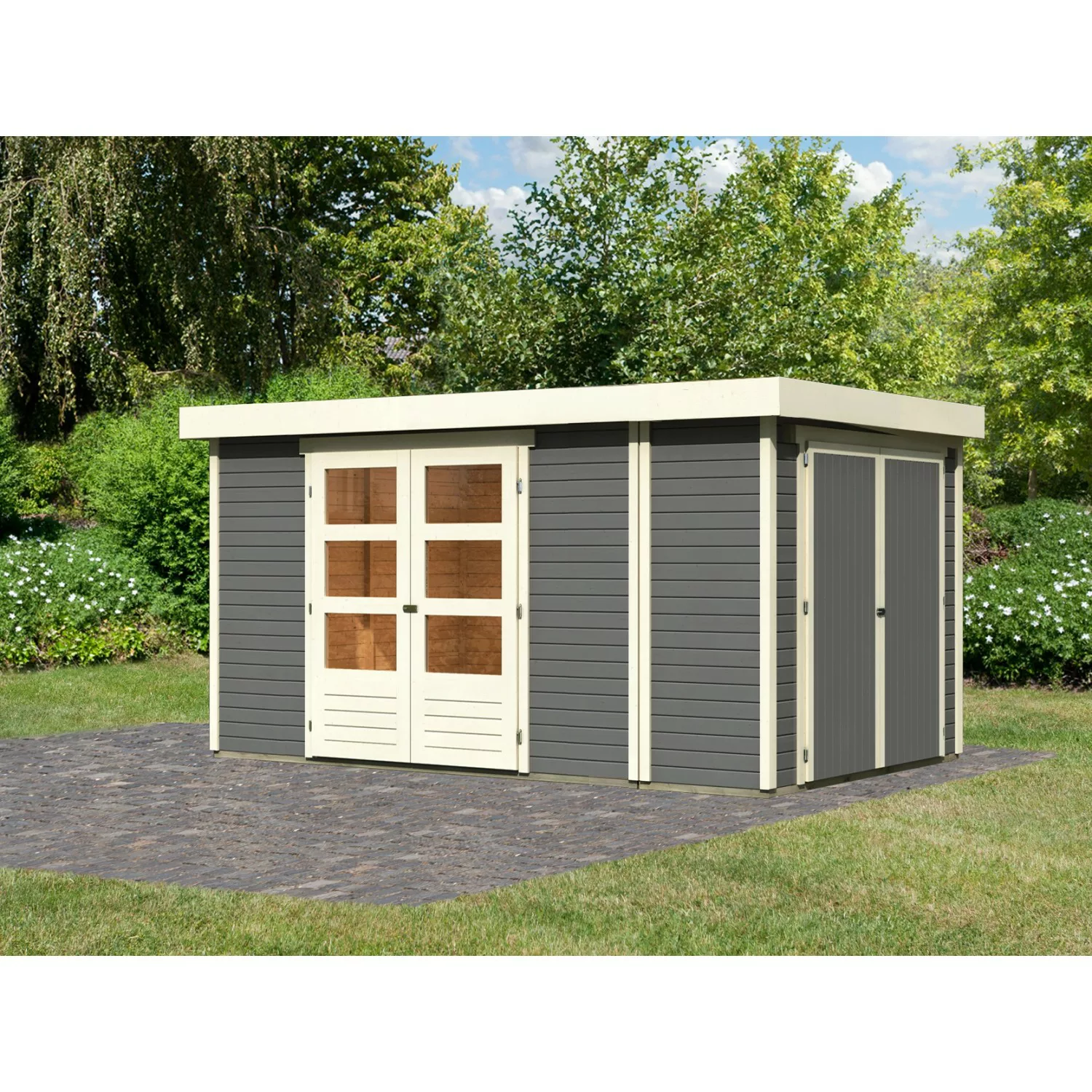 Karibu Gartenhaus Set Retola 6 Terragrau mit Anbauschrank 9,03 m² günstig online kaufen