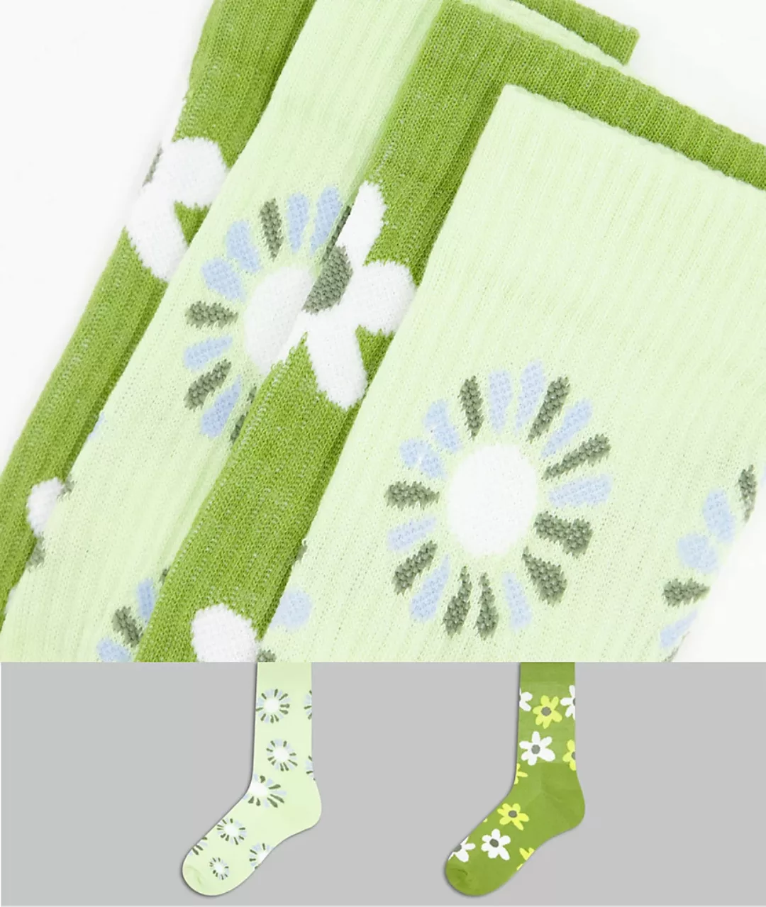 ASOS DESIGN – Knöchelsocken mit grünem Blumenmuster im 2er-Pack günstig online kaufen