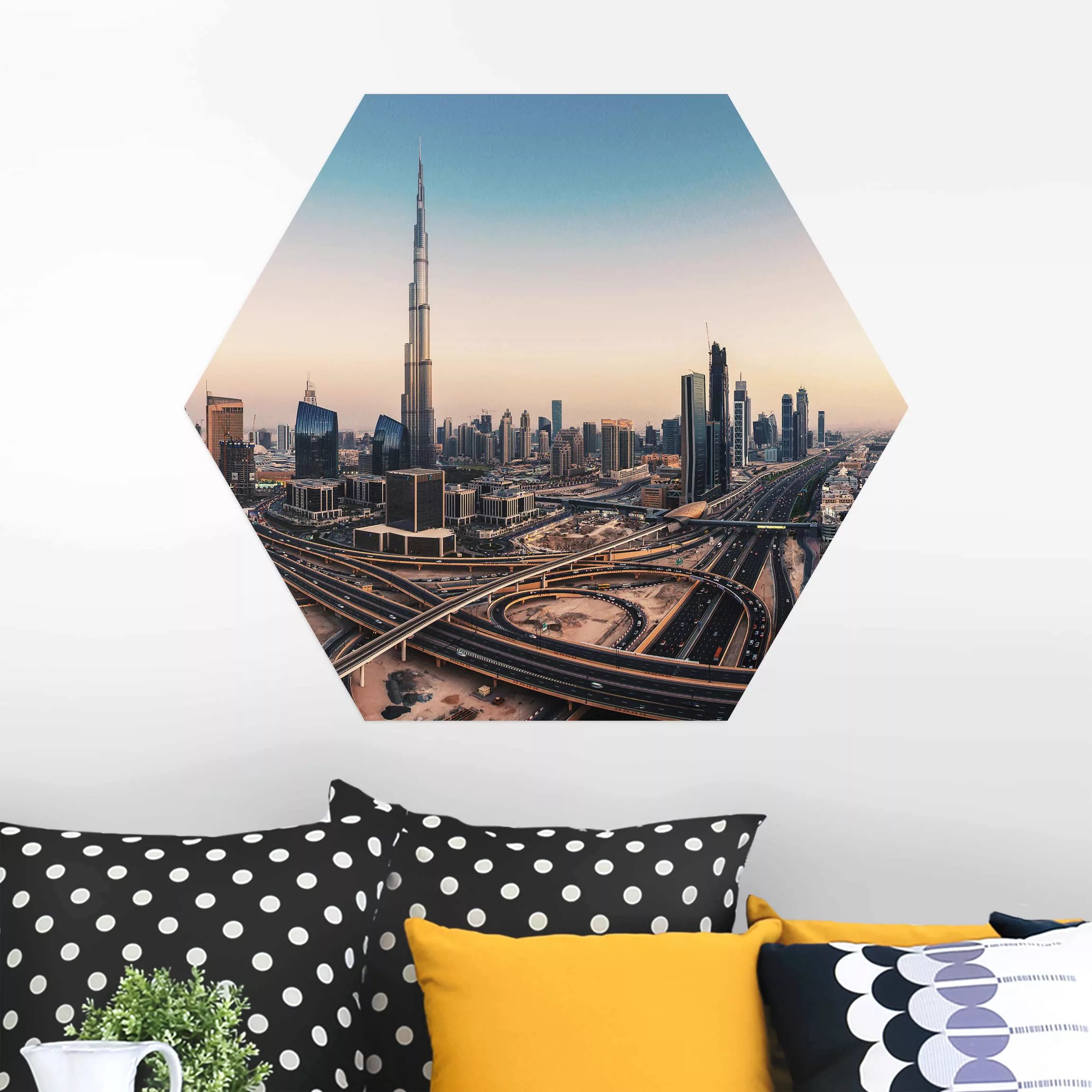 Hexagon-Alu-Dibond Bild Architektur & Skyline Abendstimmung in Dubai günstig online kaufen
