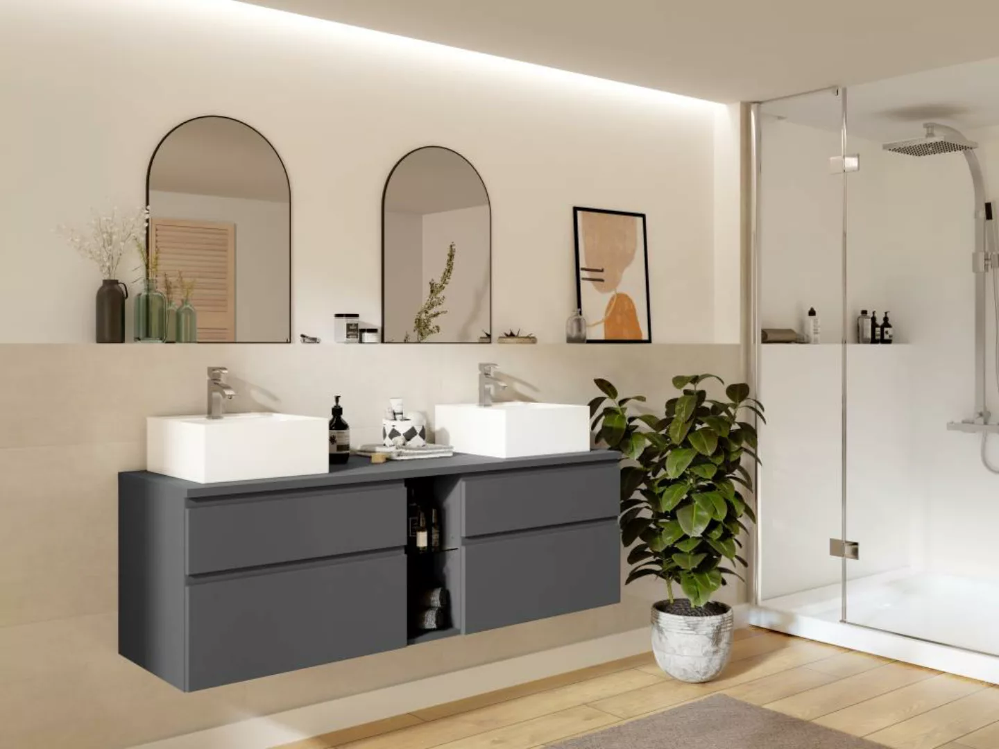 Waschbeckenunterschrank hängend mit Doppelwaschbecken - Grau - 150 cm - MAG günstig online kaufen