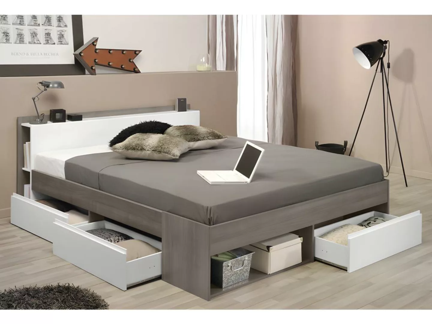 Bett mit Stauraum + Lattenrost + Matratze - 140 x 200 cm - Taupe & Weiß - D günstig online kaufen