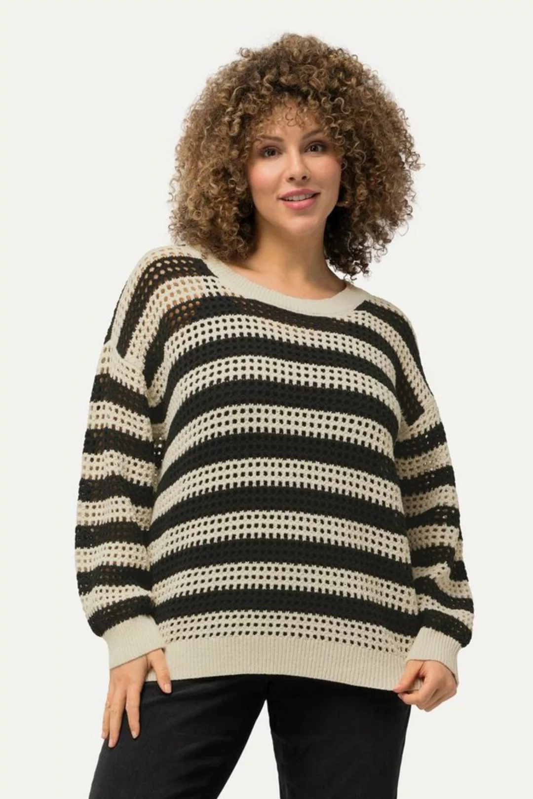 Ulla Popken Strickpullover Häkelpullover Streifen Oversized Rundhals Langar günstig online kaufen