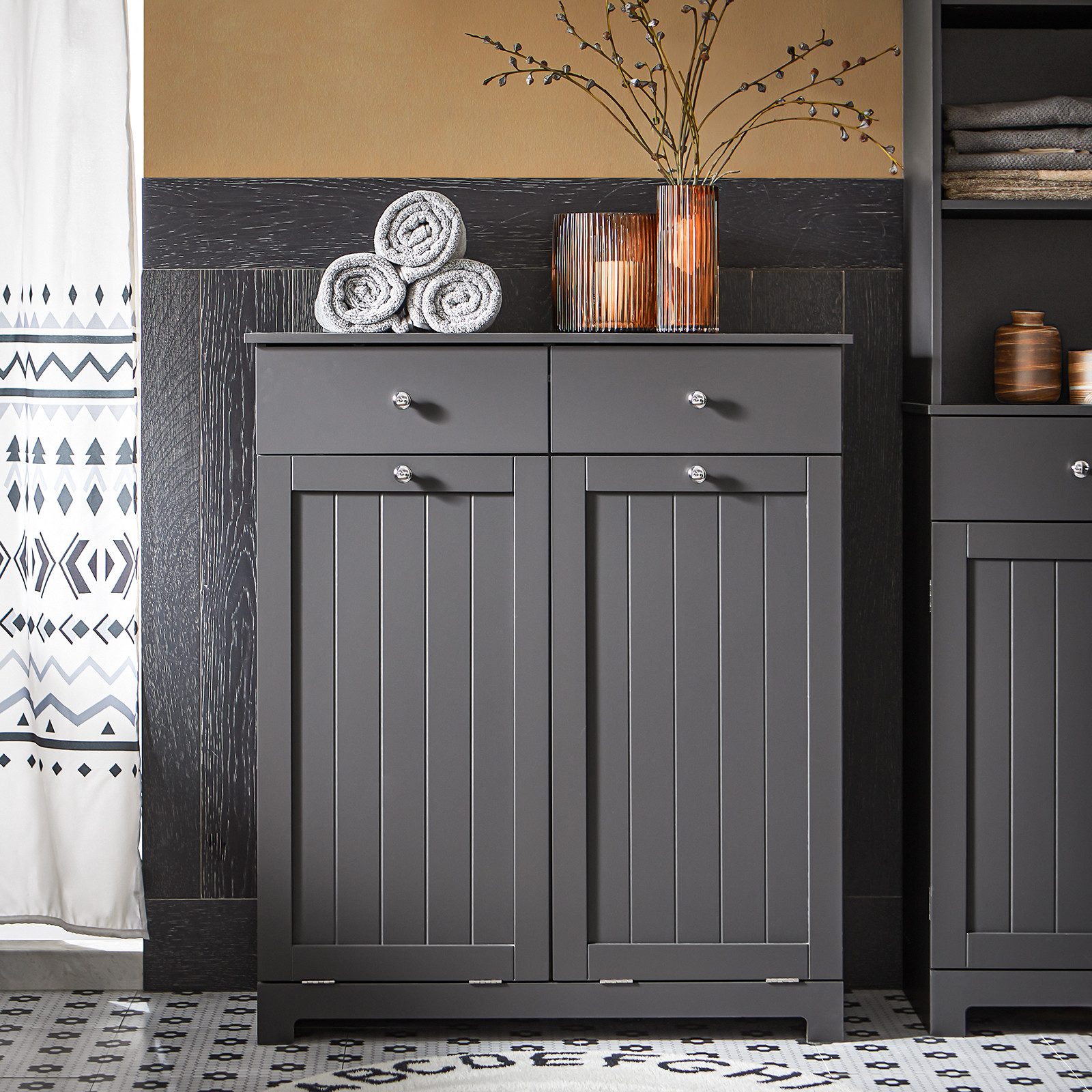 SoBuy Wäscheschrank mit 2 Wäschesäcken Wäschekorb Badschrank BZR33-SCH günstig online kaufen