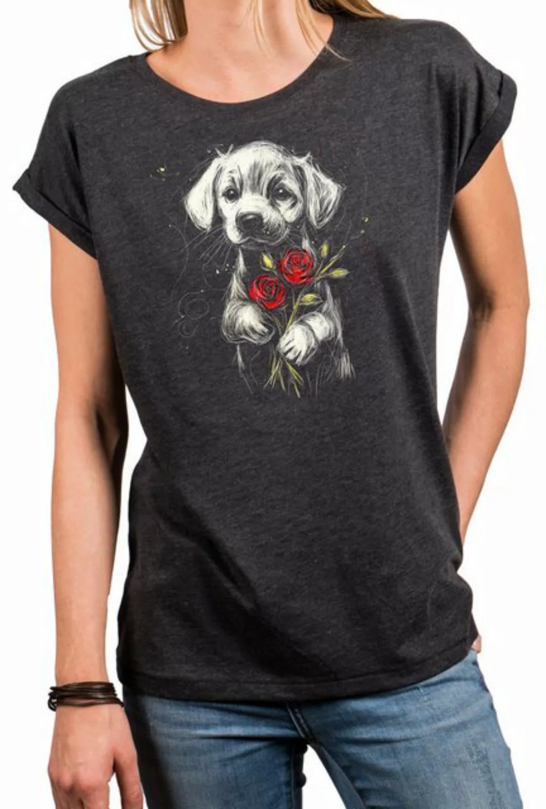 MAKAYA Kurzarmshirt mit Hundemotiv für Damen Rosen Blumen Hunde Aufdruck (S günstig online kaufen