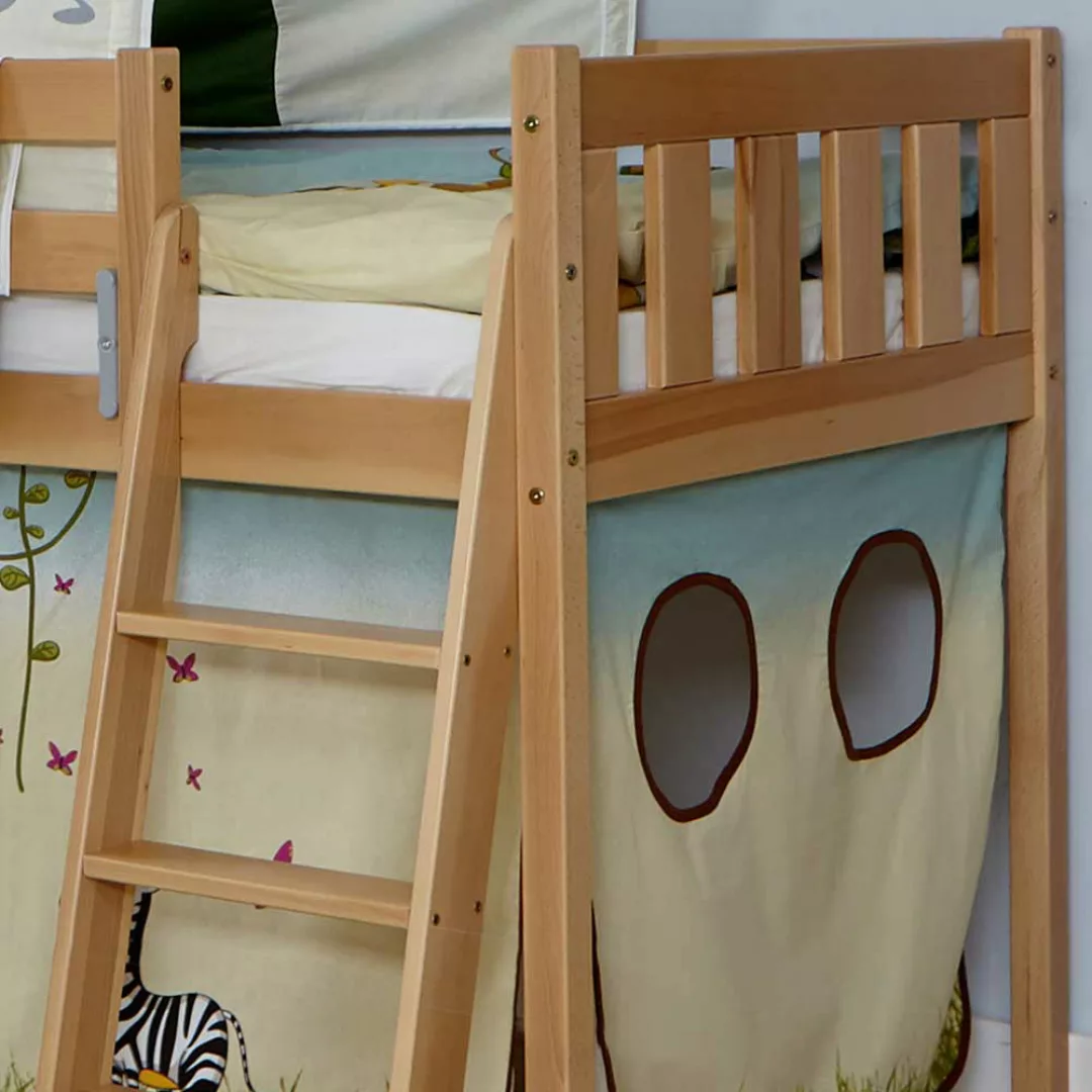 Kinderhochbett aus Buche Massivholz Webstoff in Bunt günstig online kaufen