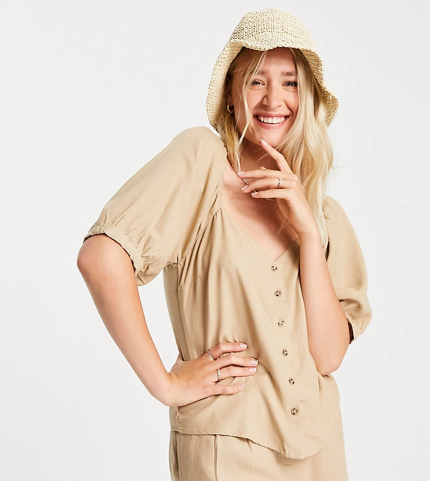 Vero Moda Tall – Bluse mit Puffärmeln und Herzausschnitt in Beige, Kombitei günstig online kaufen