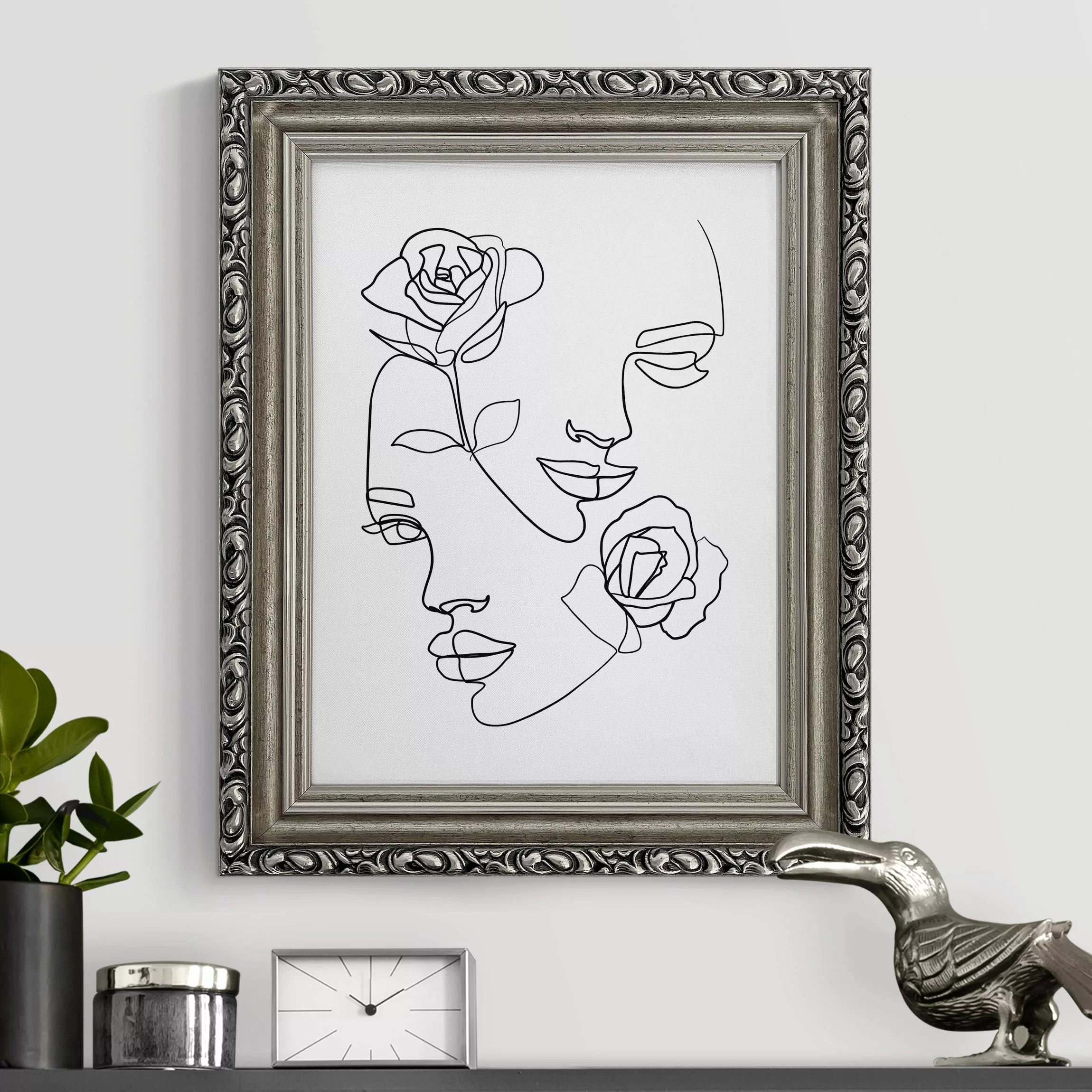 Gerahmtes Leinwandbild Line Art Gesichter Frauen Rosen Schwarz Weiß günstig online kaufen