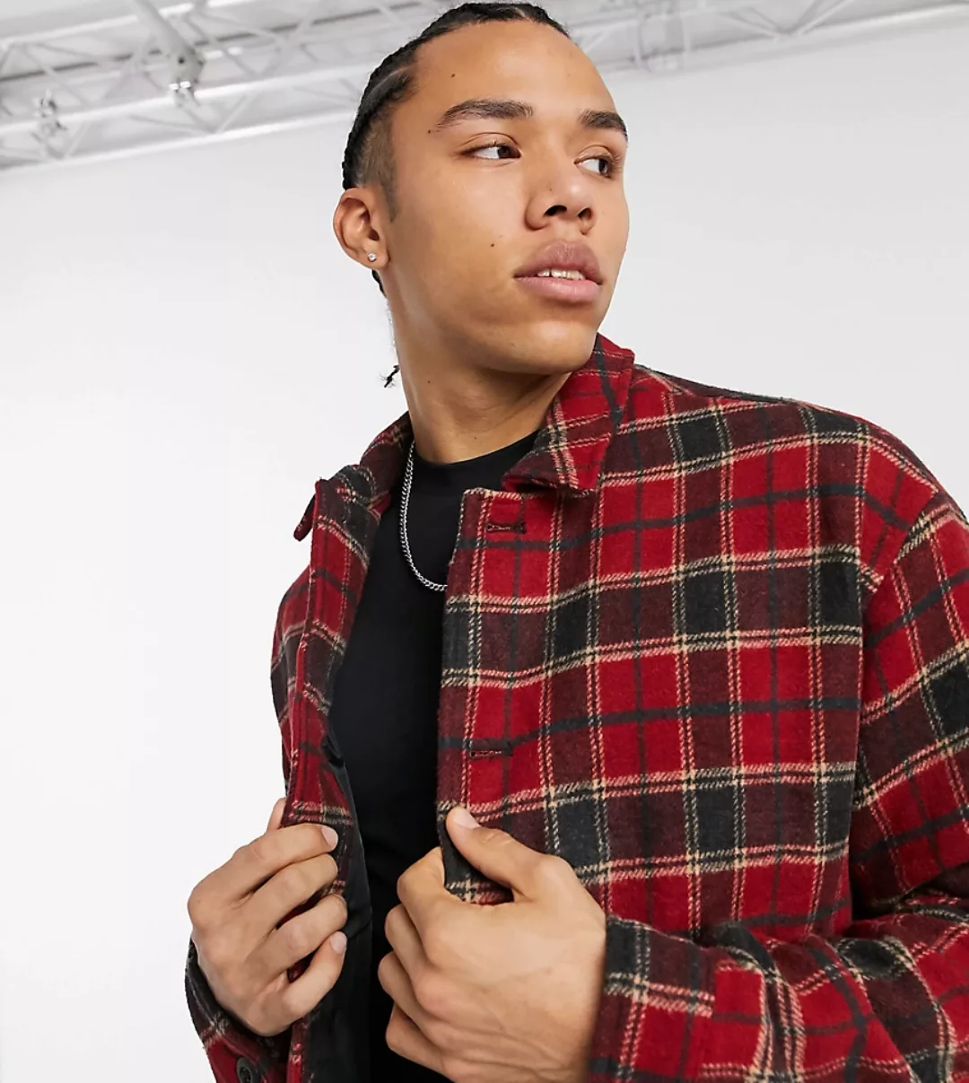 ASOS DESIGN Tall – Hemdjacke aus Wollimitat mit rotem Karomuster günstig online kaufen