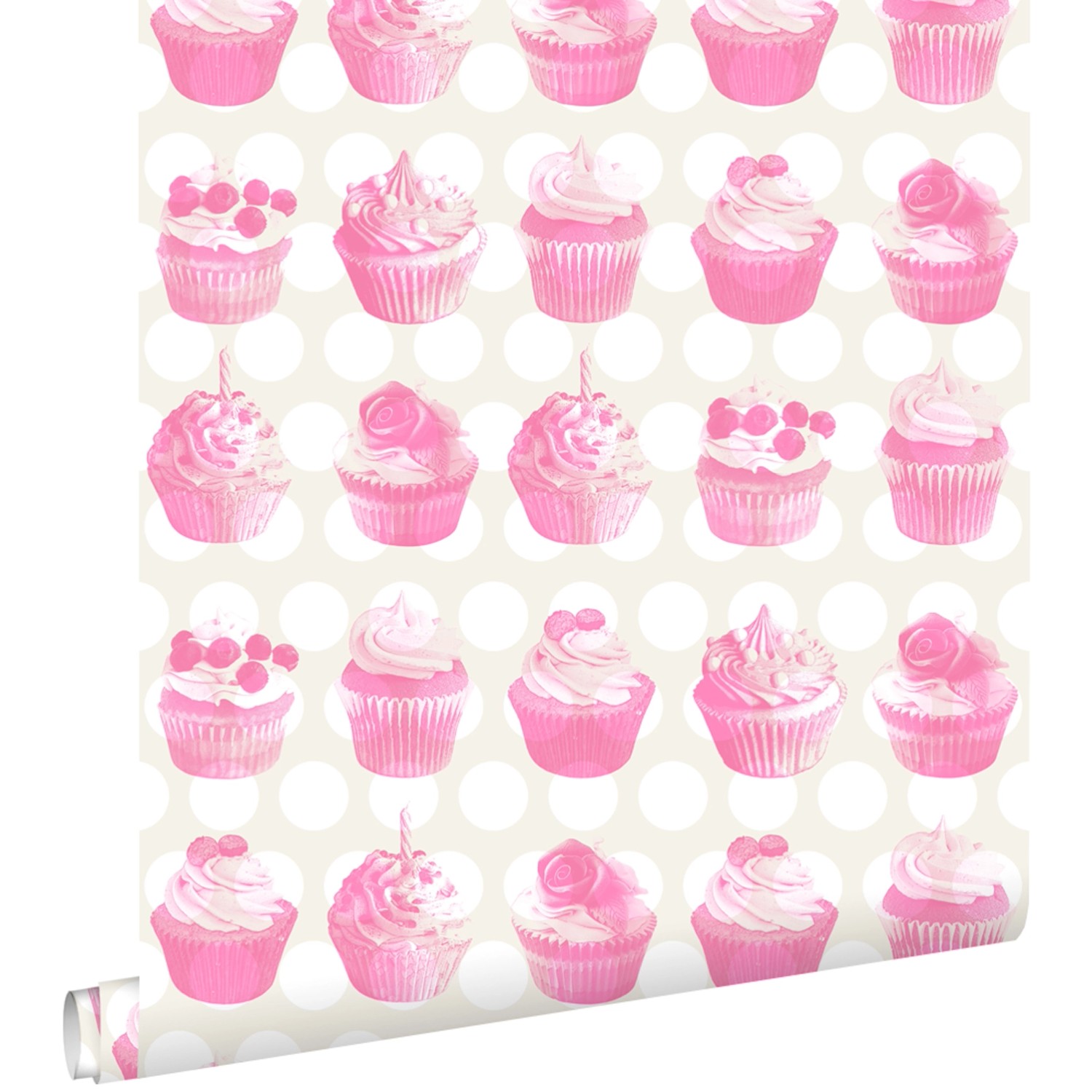 ESTAhome Tapete Cupcakes Auf Glänzenden Punkten Rosa 53 cm x 10,05 m 138723 günstig online kaufen