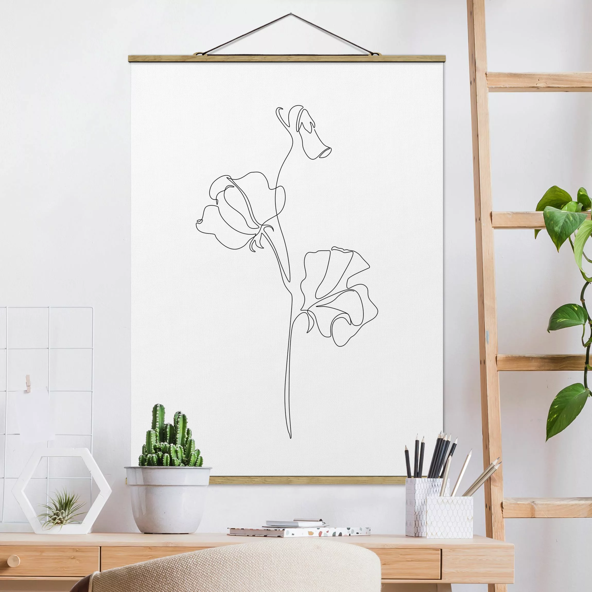 Stoffbild mit Posterleisten Line Art Blumen - Erbsenpflanze günstig online kaufen