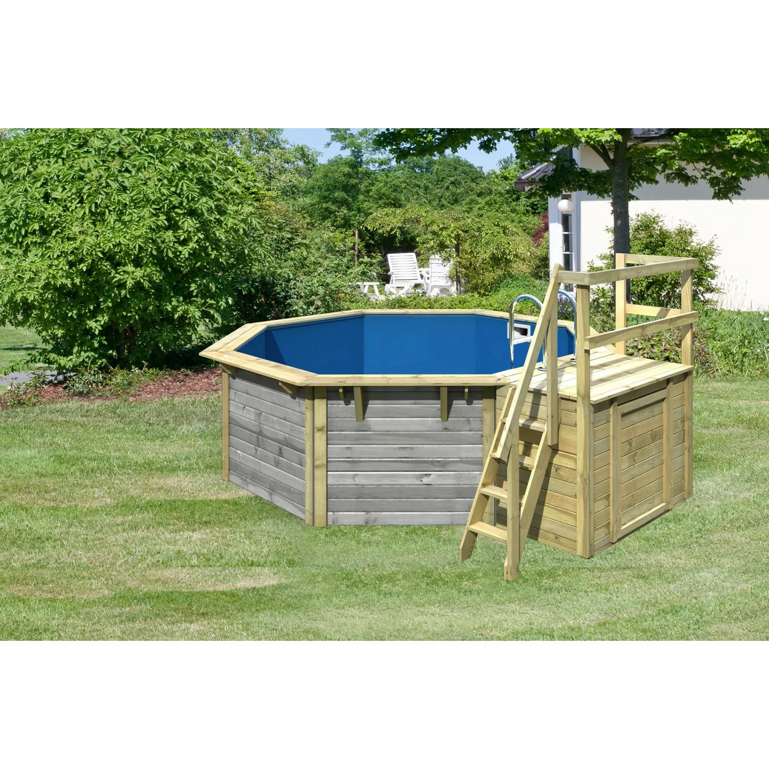 Karibu Pool X1 inkl. Terrasse Wassergrau Innenhülle Blau günstig online kaufen