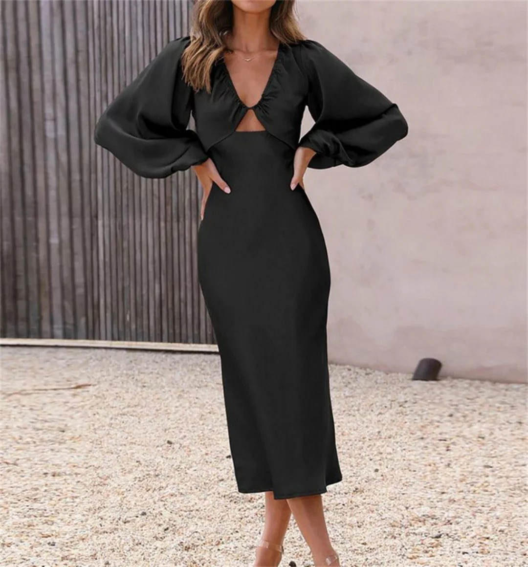 AFAZ New Trading UG Abendkleid Damen kleid V-Ausschnitt Einfarbiges Satin A günstig online kaufen