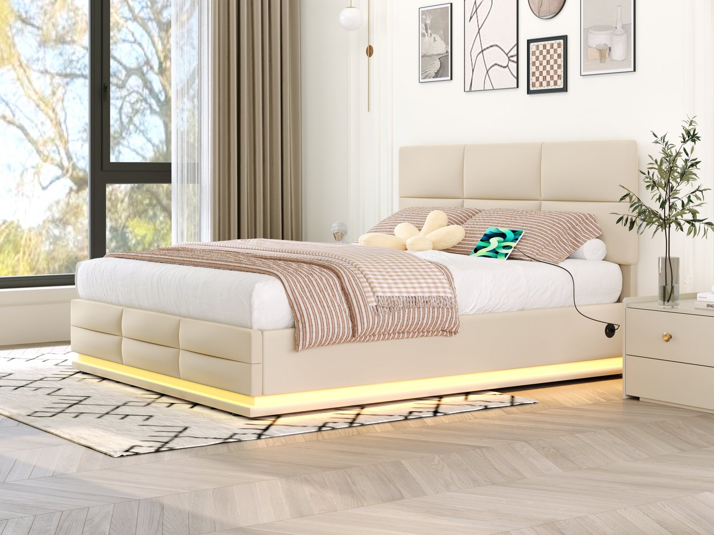 Merax Polsterbett, mit Bettkasten und LED, Staurambett 160x200cm, Doppelbet günstig online kaufen