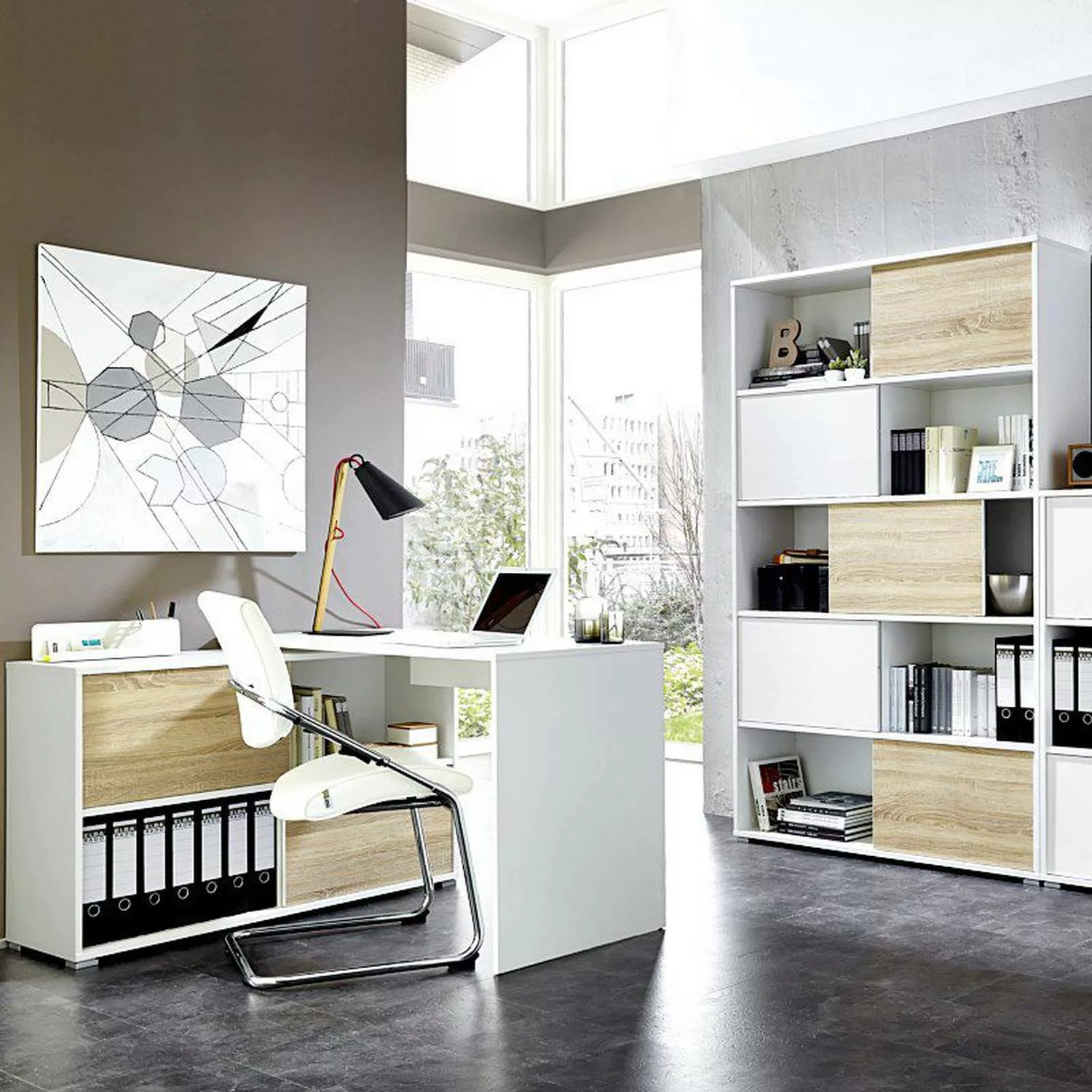 Büromöbel Set 2-teilig MANHATTEN-01 Weiß, Sonoma-Eiche-Nb. günstig online kaufen