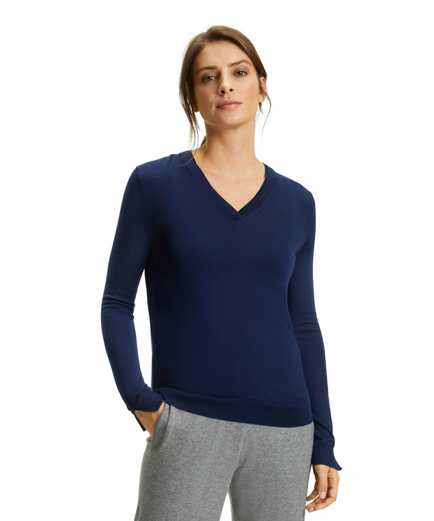 FALKE Damen Langarmshirt V-Ausschnitt, S, Blau, Uni, Schurwolle, 64164-6437 günstig online kaufen