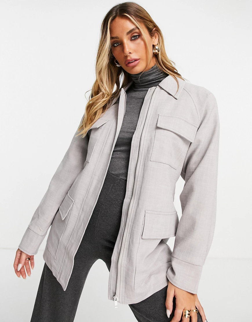 Topshop – Elegante Utility-Hemdjacke in Hellgrau günstig online kaufen