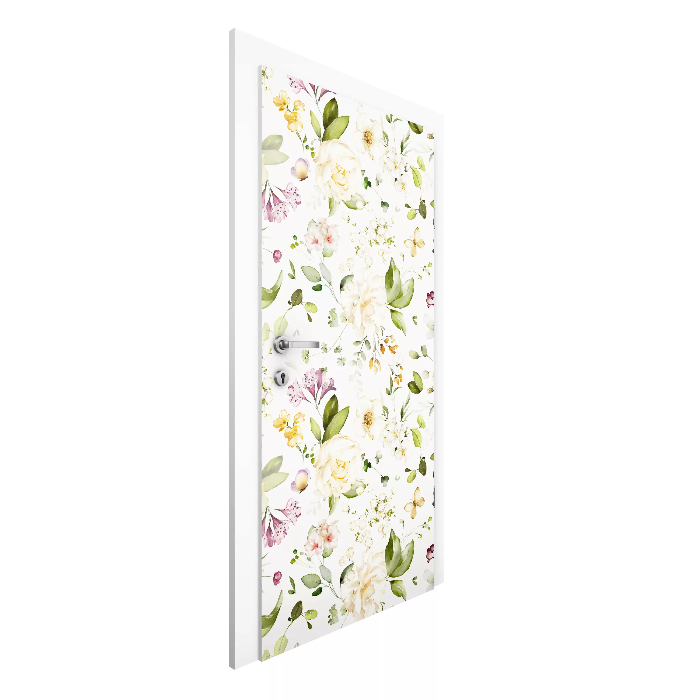 Türtapete Wildblumen und Weiße Rosen Aquarell Muster günstig online kaufen