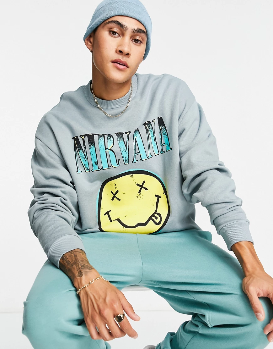 ASOS DESIGN – Oversize-Sweatshirt in Grün mit Nirvana-Smiley-Print günstig online kaufen