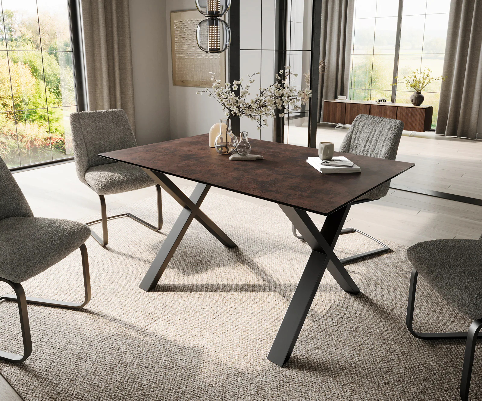 Esstisch Edge 140x90 Glas Antique-braun X-Gestell Metall Schwarz günstig online kaufen