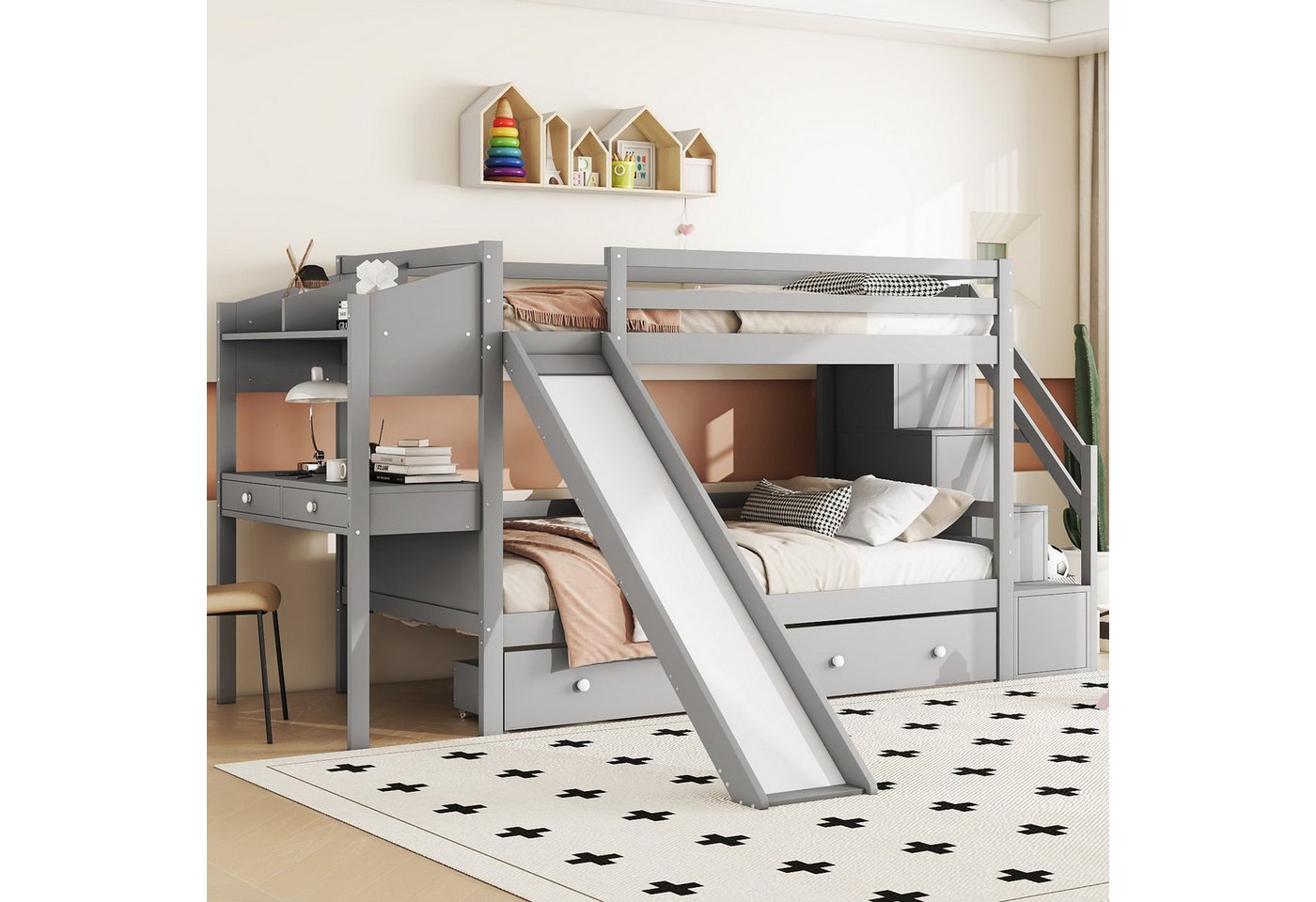 Flieks Etagenbett, Kinderbett 90x200cm mit Stauraumtreppe, Rutsche, Tisch, günstig online kaufen