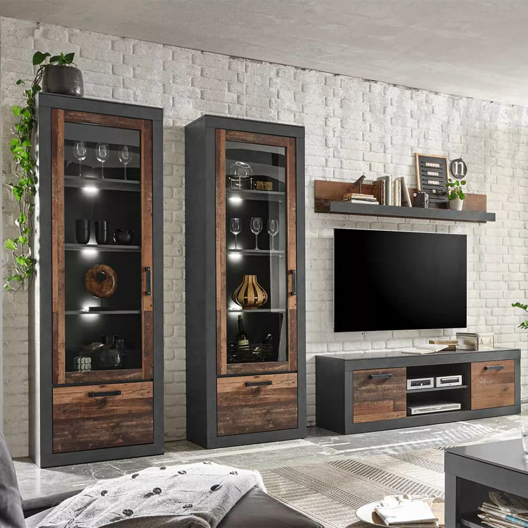 TV Wohnwand in Dunkelgrau und Altholz Optik Loft Design (vierteilig) günstig online kaufen