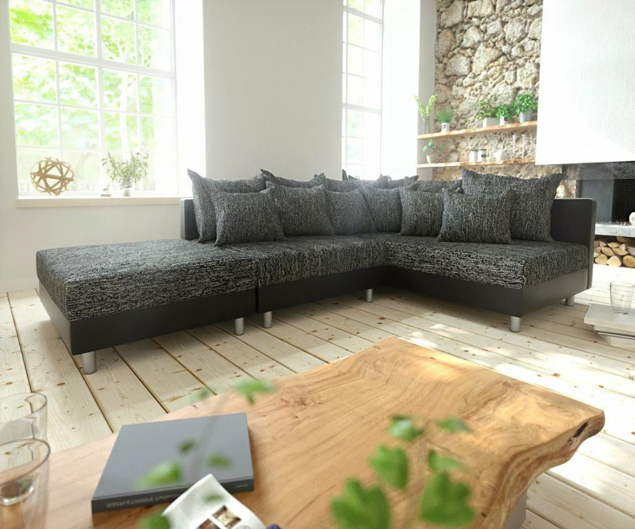 DELIFE Ecksofa Clovis, Schwarz mit Hocker Ottomane Rechts Ecksofa Modular günstig online kaufen