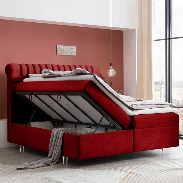 BettCo Stauraumbett Boxspringbett mit Bettkasten Chester (in Rot Samt, 200 günstig online kaufen