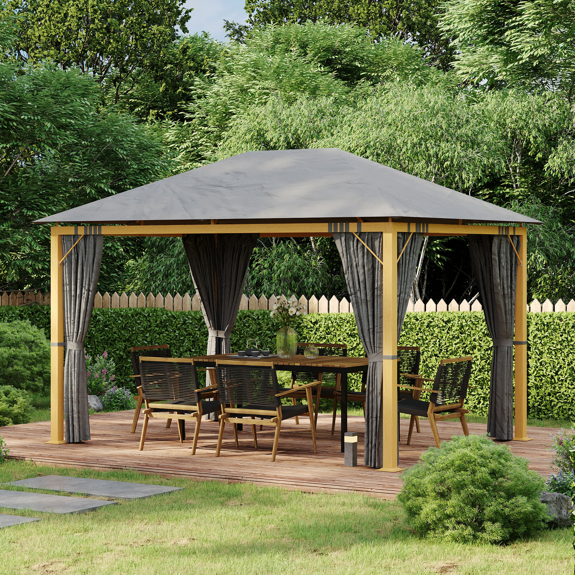 Outsunny Gartenpavillon 4 x 3 m Aluminium Pavillon mit Vorhängen und Polyes günstig online kaufen