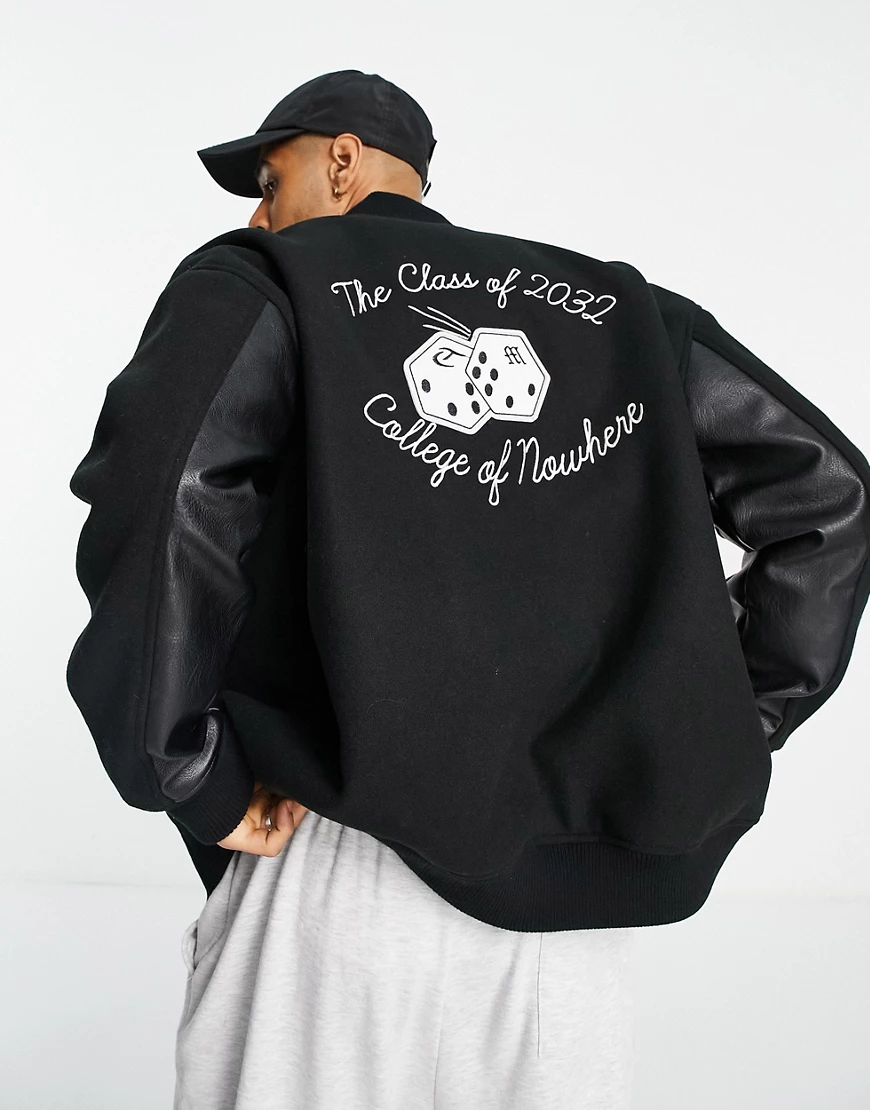 Topman – Schwarze Jacke im College-Stil mit kontrastierenden Kunstlederärme günstig online kaufen