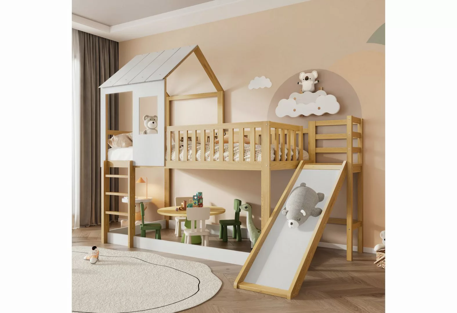 TavilaEcon Etagenbett Hausbett Kinderbett mit Dach und Fenster, Natur+Weiß, günstig online kaufen