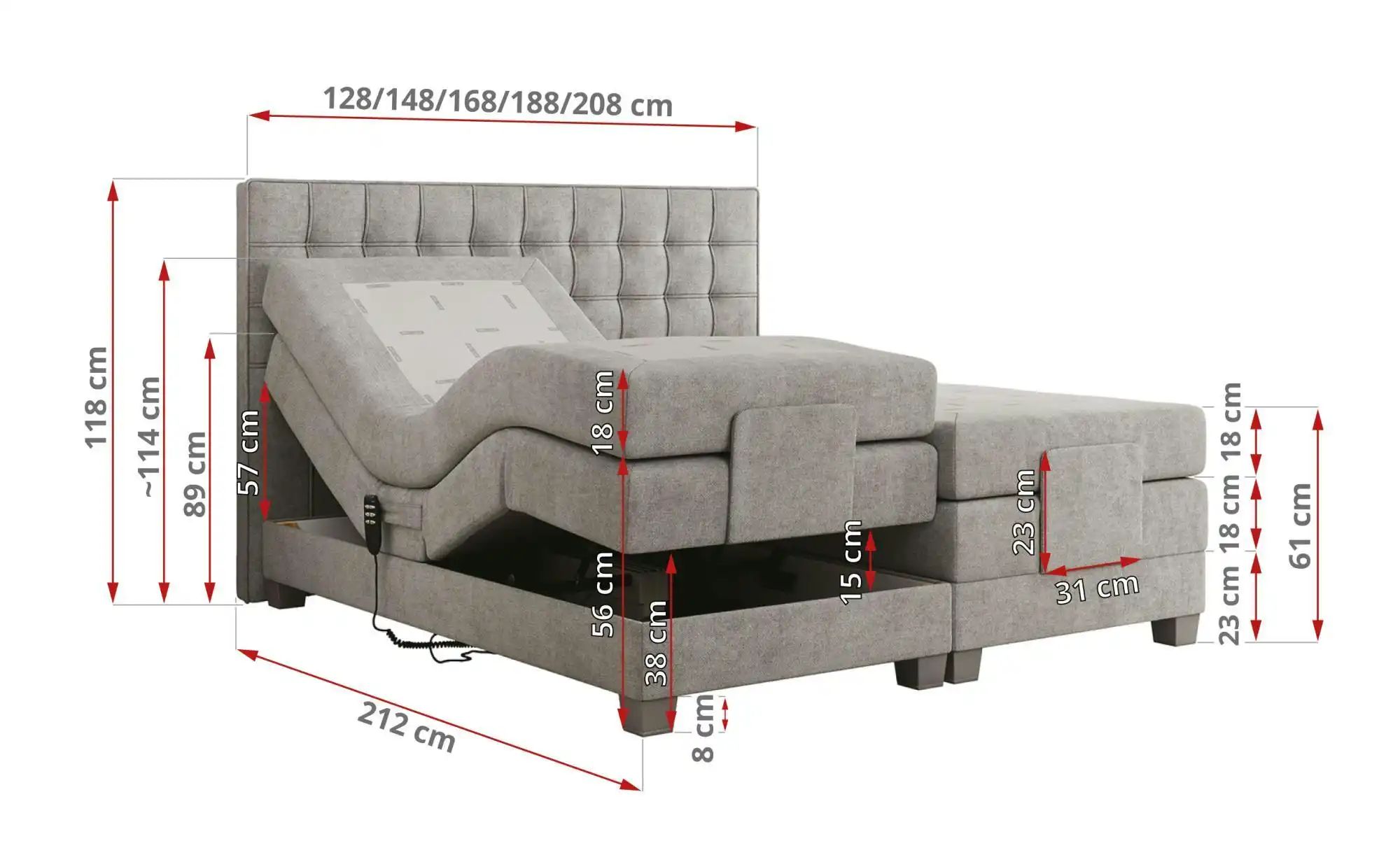 Motor Boxspringbett mit Bettkasten Elektro ¦ grau ¦ Maße (cm): B: 208 H: 11 günstig online kaufen