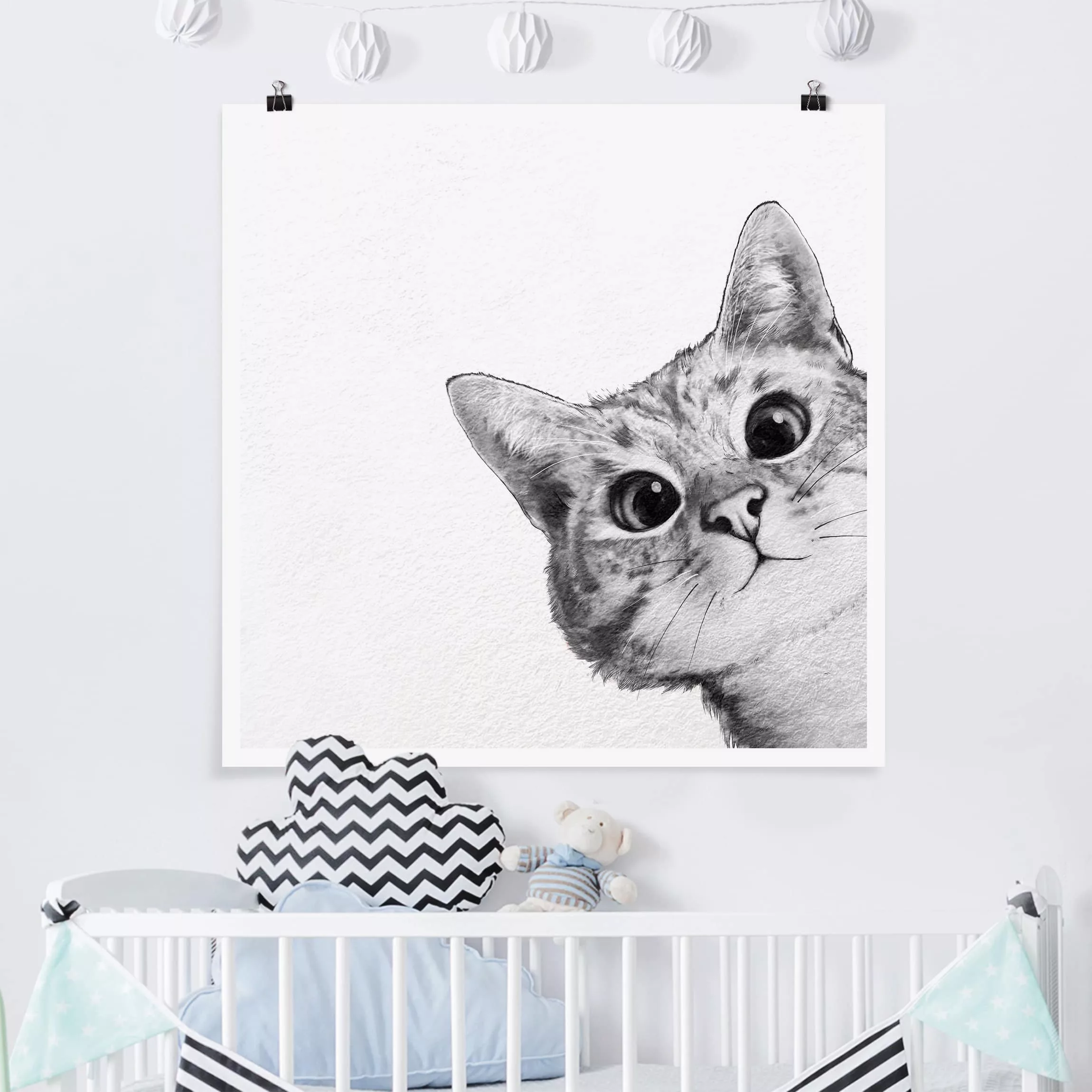 Poster Tiere - Quadrat Illustration Katze Zeichnung Schwarz Weiß günstig online kaufen
