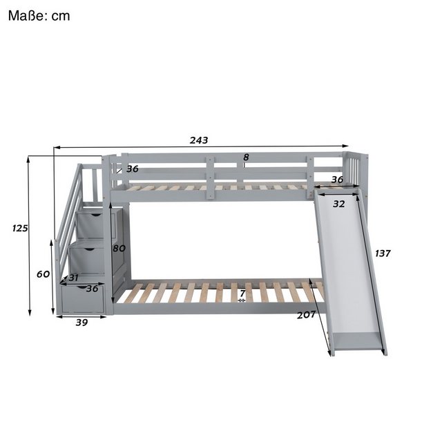SOFTWEARY Etagenbett mit 2 Liegeflächen, Lattenrost und Rutsche (90x200 cm) günstig online kaufen