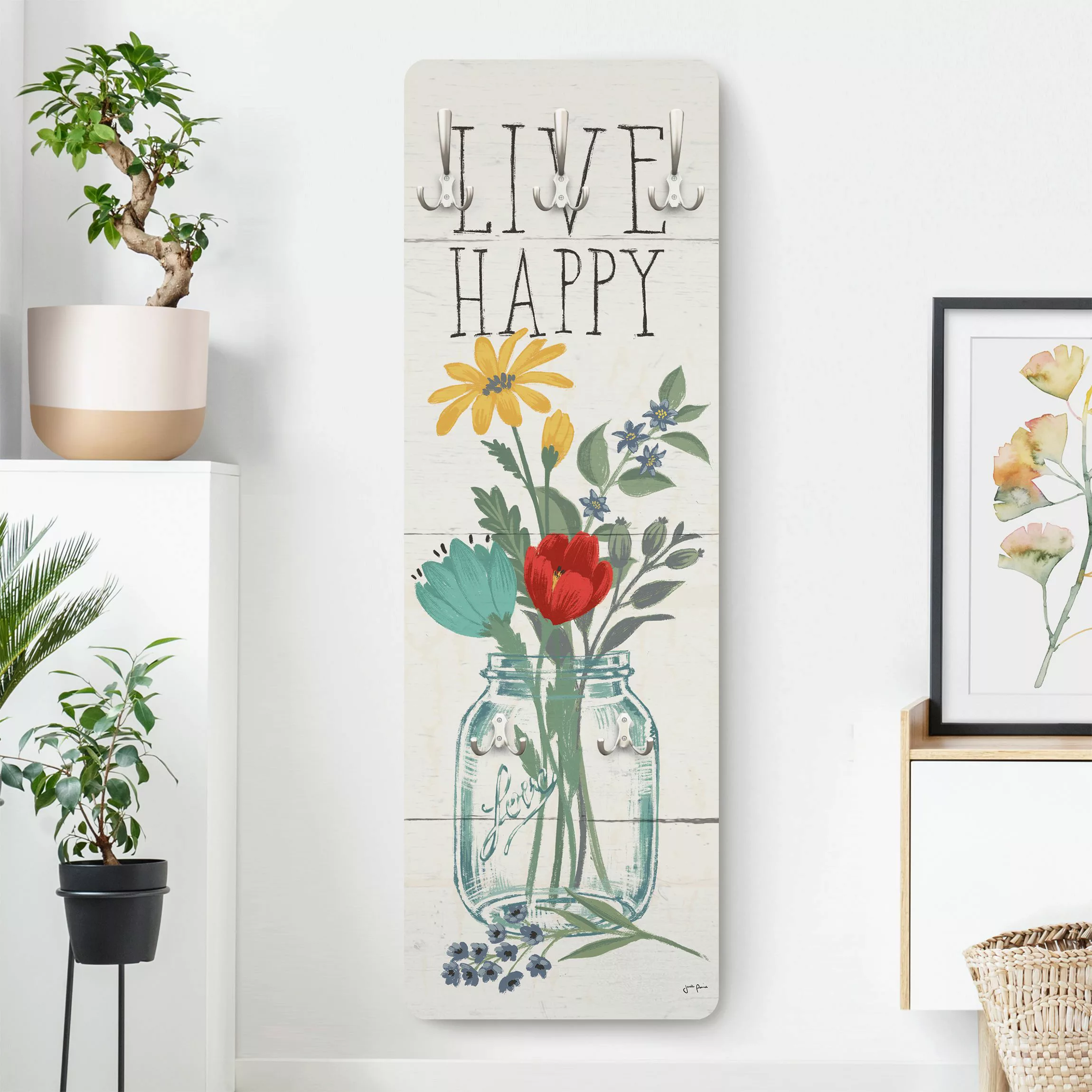 Wandgarderobe Live Happy - Blumenvase auf Holz günstig online kaufen