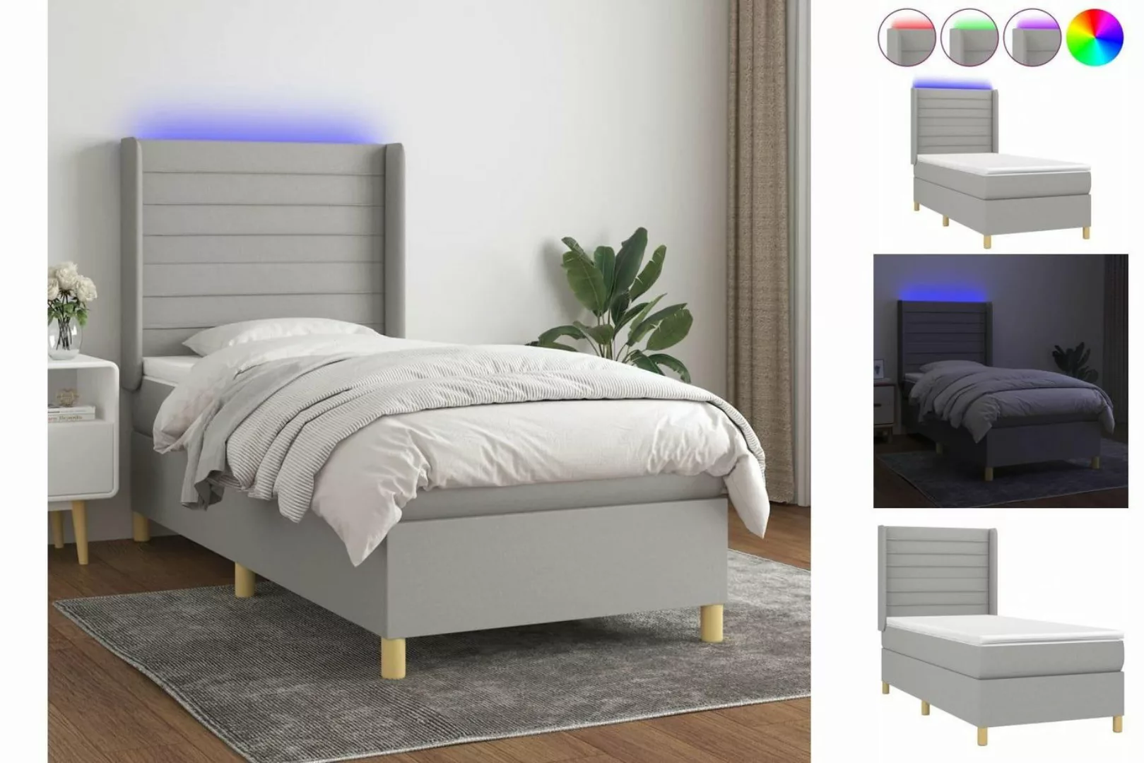 vidaXL Bett Boxspringbett mit Matratze & LED Hellgrau 90x200 cm Stoff günstig online kaufen