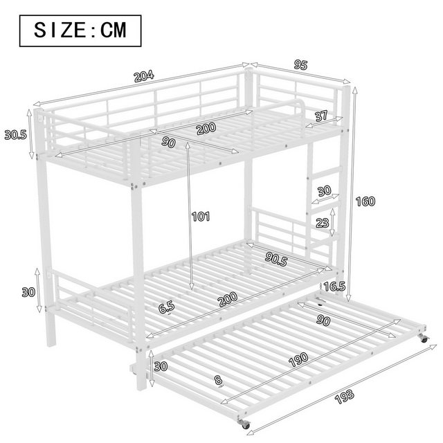 Flieks Etagenbett, Dreierbett Metallbett 90x200cm mit Leiter und Ausziehbet günstig online kaufen