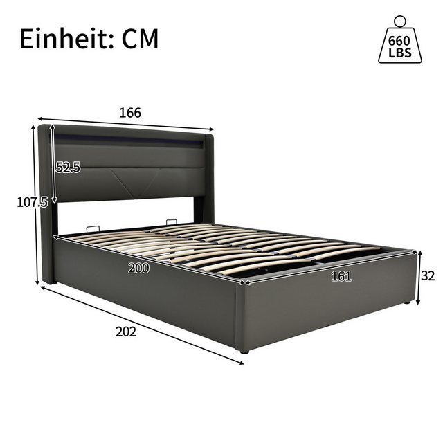 Flieks Stauraumbett (1-tlg), LED Hydraulisches Stauraumbett Kunstleder 160x günstig online kaufen