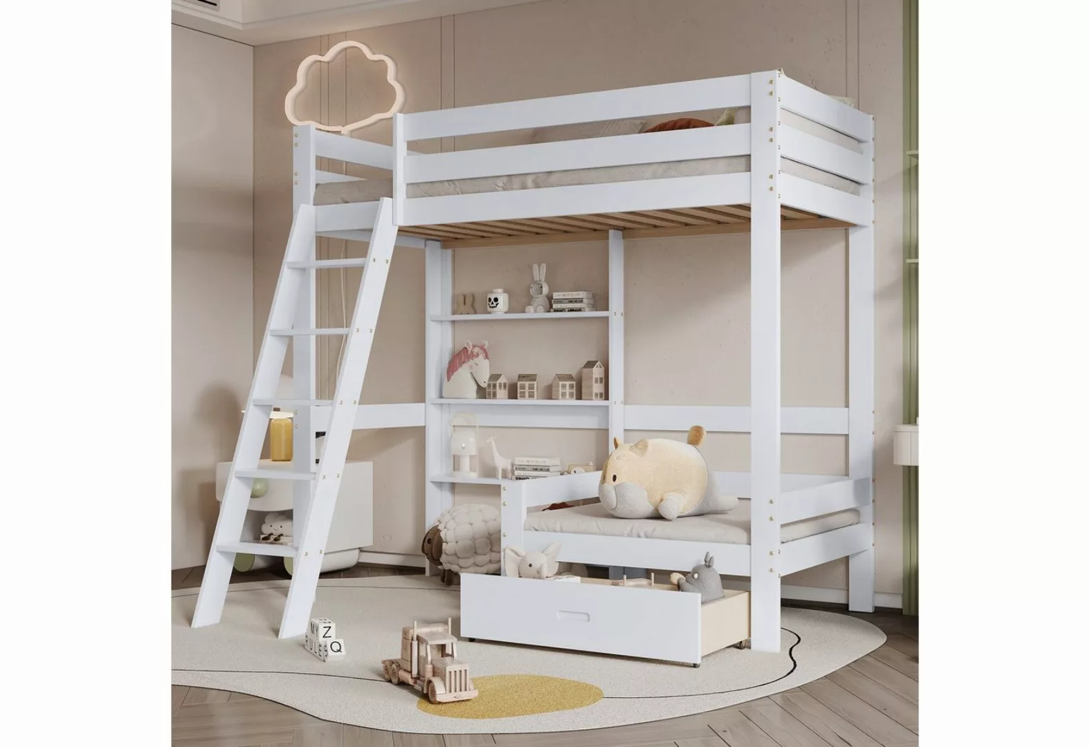 Celya Kinderbett Etagenbett mit Regalen und Sofa,Holzbett mit einer Schubla günstig online kaufen