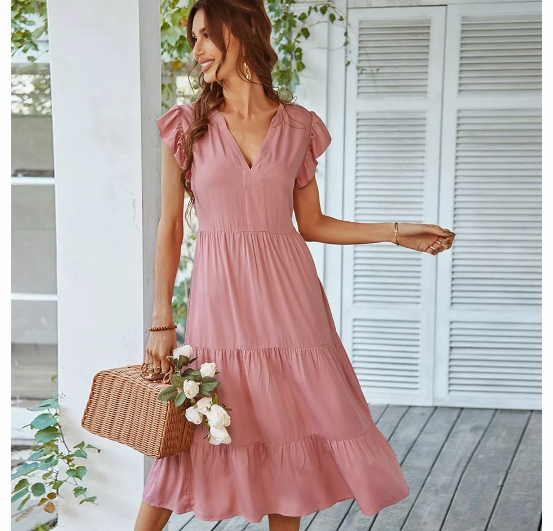 DEBAIJIA Dirndl Sommerkleid Damen V-Ausschnitt Einfarbig Kleid Lässiger Ele günstig online kaufen
