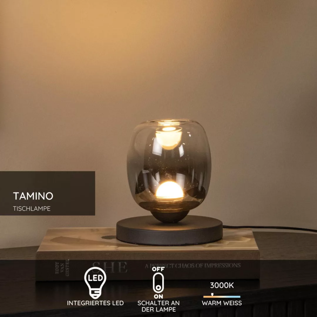 LED Tischleuchte Tamino in Rauchglas und Schwarz 6W 580lm günstig online kaufen