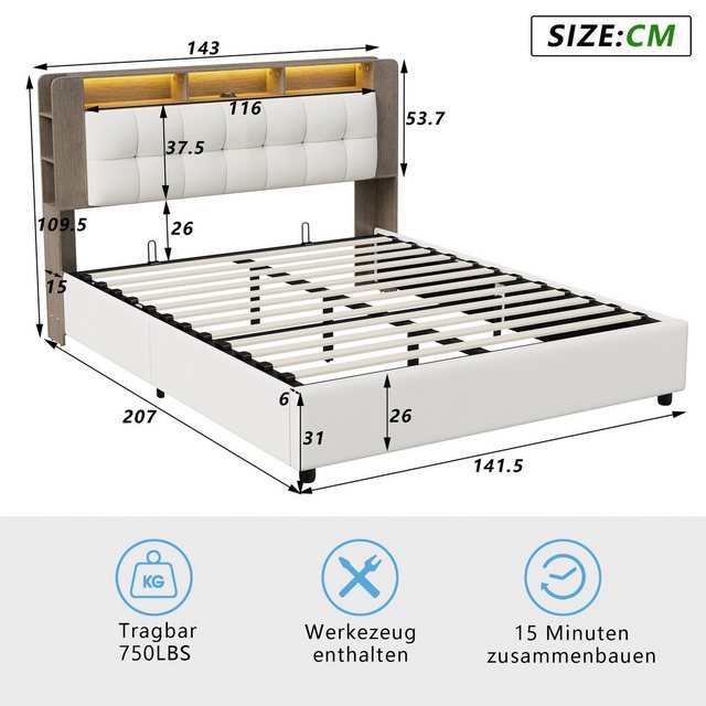 PXloue Polsterbett LED hydraulisches Doppelbett (Kopfteil mit integrierter günstig online kaufen