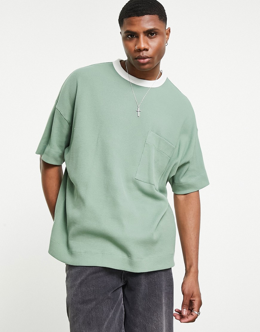 ASOS DESIGN – Oversize-T-Shirt in Khaki mit Waffelstruktur und Kontrasteinf günstig online kaufen