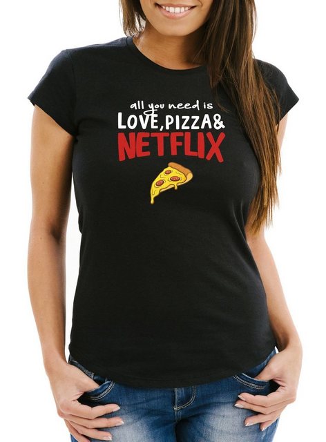 MoonWorks Print-Shirt Damen T-Shirt all you need is love, pizza and Netflix günstig online kaufen