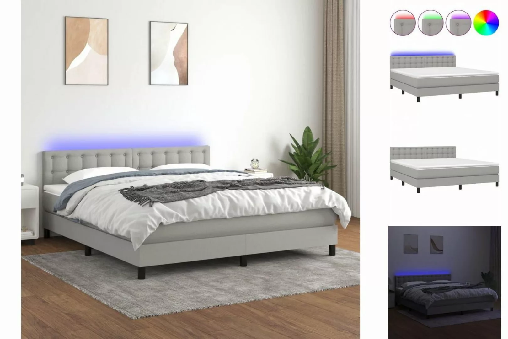 vidaXL Bettgestell Boxspringbett mit Matratze LED Hellgrau 180x200 cm Stoff günstig online kaufen