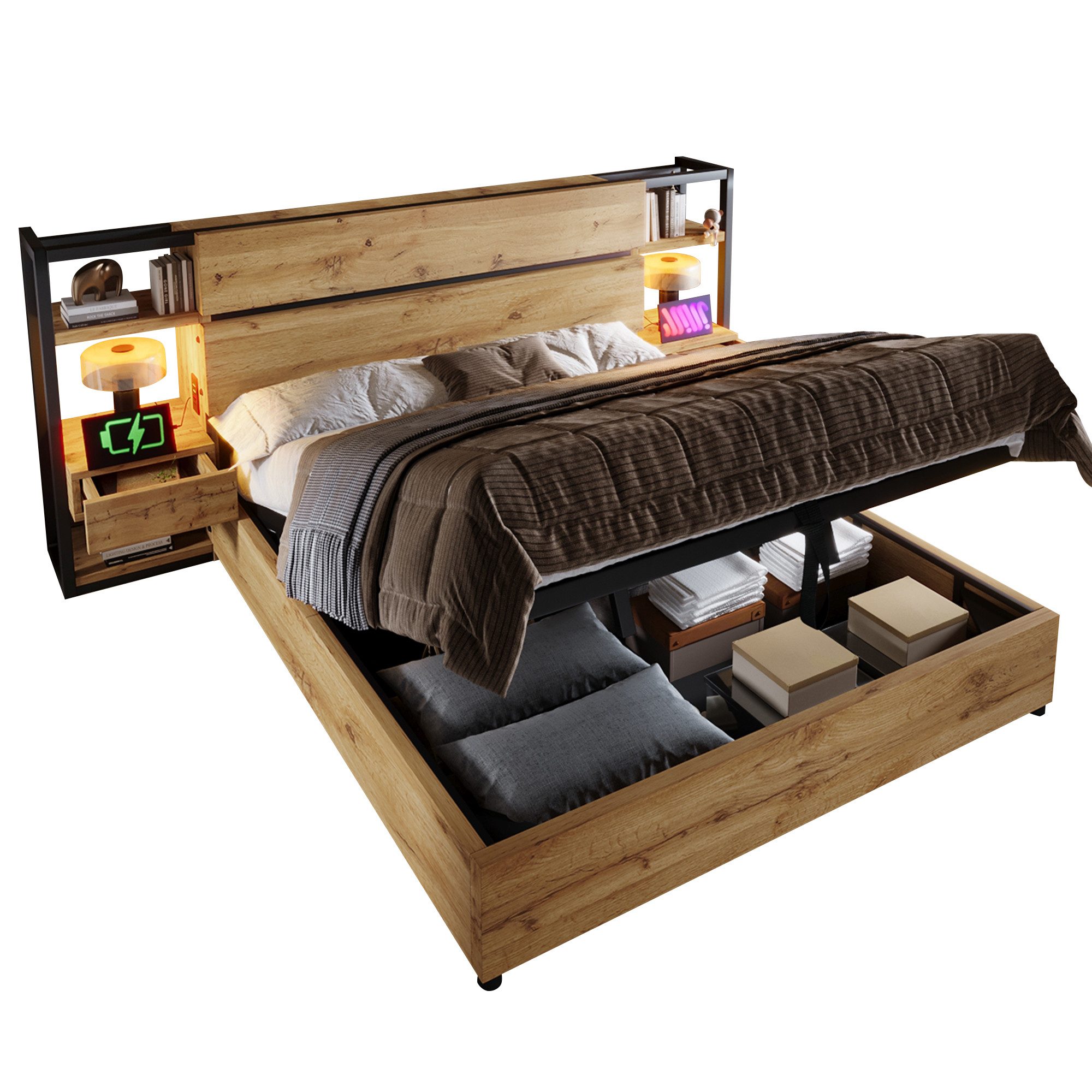 OKWISH Holzbett Hydraulisches Stauraumbett (Doppelbett, 1-tlg., günstig online kaufen